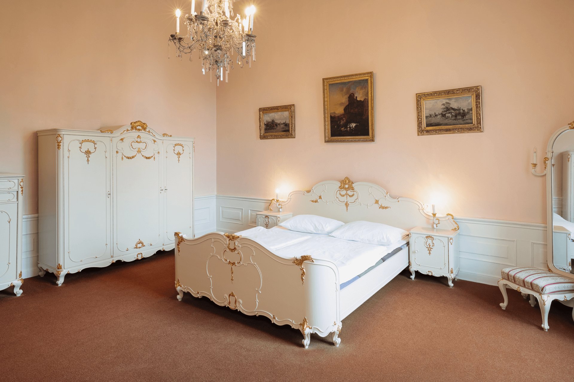 Bedroom in historical style with double bed